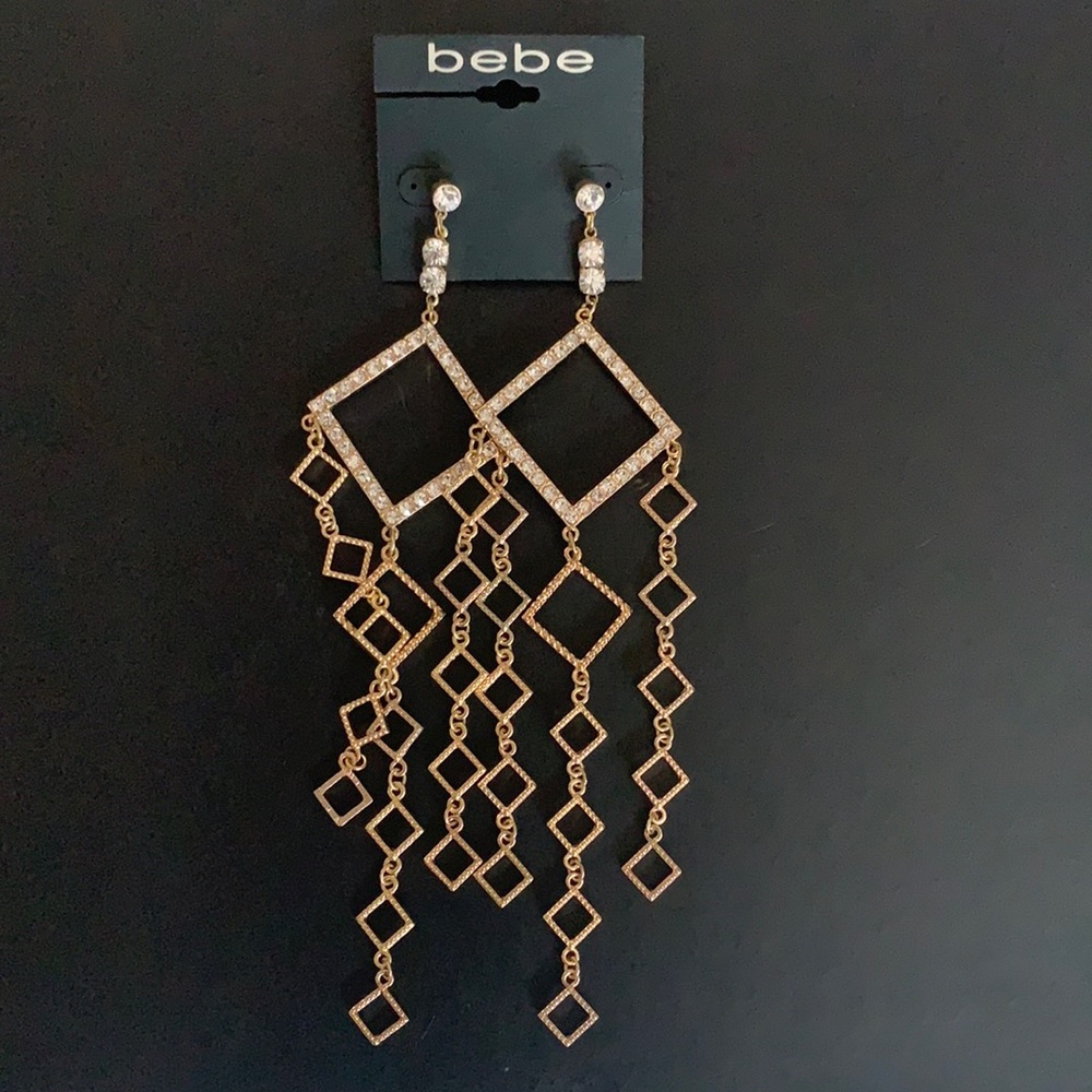 NWT bebe Multi Diamond Piece Duster Gold/Rhinestone Statement Fashion Earrings